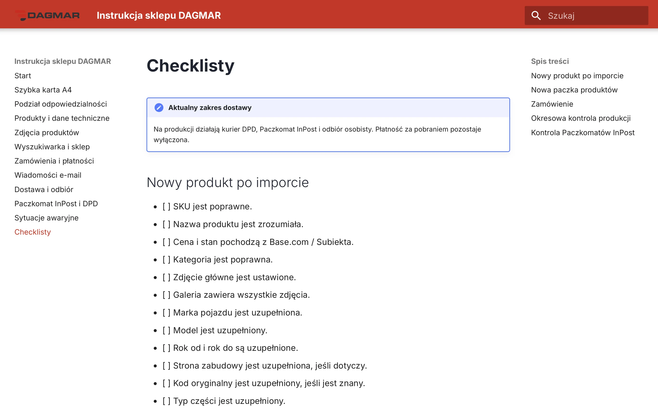 Fragment dokumentacji sklepu DAGMAR z checklistą nowego produktu po imporcie