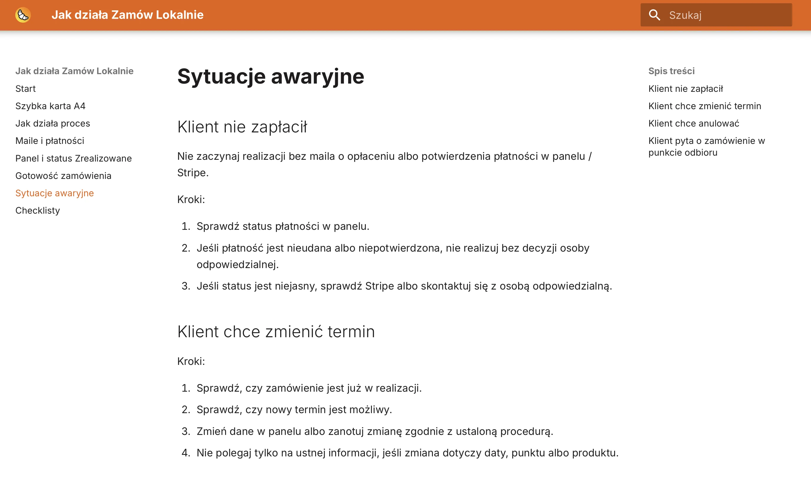 Fragment dokumentacji Zamów Lokalnie z instrukcją postępowania w sytuacjach awaryjnych