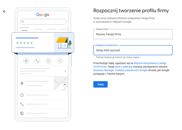 Wybór kategorii działalności w wizytówce Google
